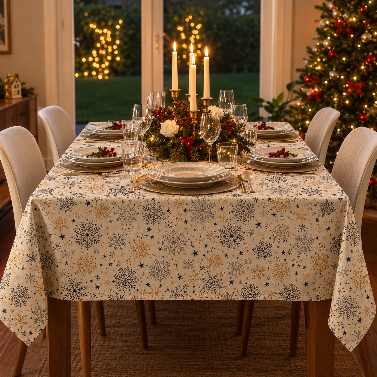 Mantel Navideño Estrellas Doradas | Antimanchas