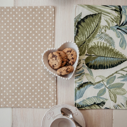 Set de Individuales Reversibles Hojas Verdes & Puntos Beige
