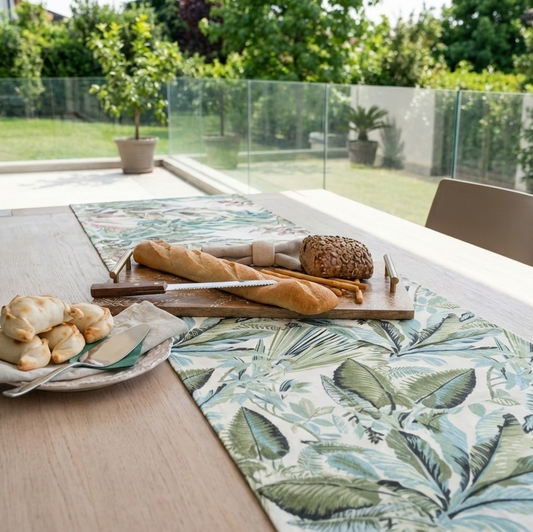 Camino de Mesa Reversible Hojas Verdes & Rococó Celeste