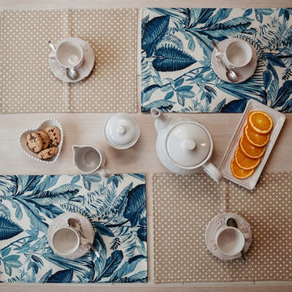 Set de Individuales Reversibles Hojas Azules & Puntos Beige